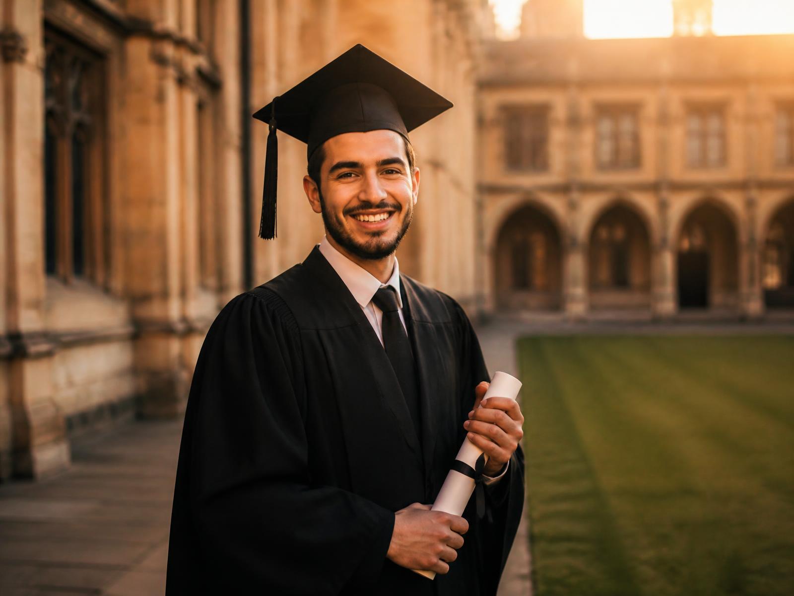 A student walking through a British university quad at golden hour
